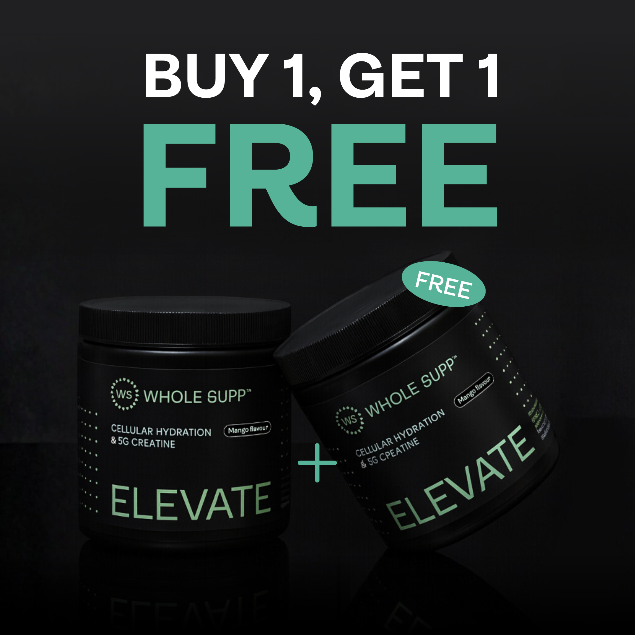 A black container labeled Whole Supp The Ultimate Whole Supp Starter Pack is shown, highlighting: 30 servings, cellular hydration for focus & energy, electrolyte and mineral replenishment, 5g pure creatine monohydrate, pairs well with Superfood Meal Shakes.
