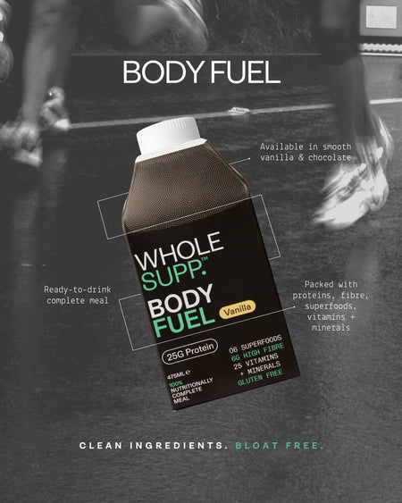 A carton of Whole Supp Body Fuel vanilla is pictured, featuring 25g plant-based protein and superfoods. Benefits and flavors are noted. In the blurred background, runners appear. Slogan: Clean ingredients. Bloat free.