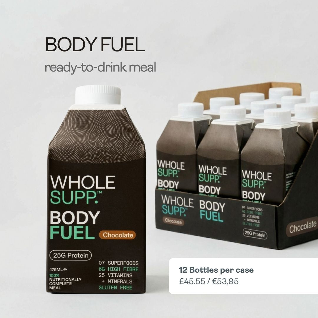 A case of Whole Supp Body Fuel | 12 Pack by Whole Supp, a plant-based complete meal drink, is shown with one bottle in front. Text highlights 25g protein per bottle and costs £45.55/€53.95 for 12 bottles per pack.