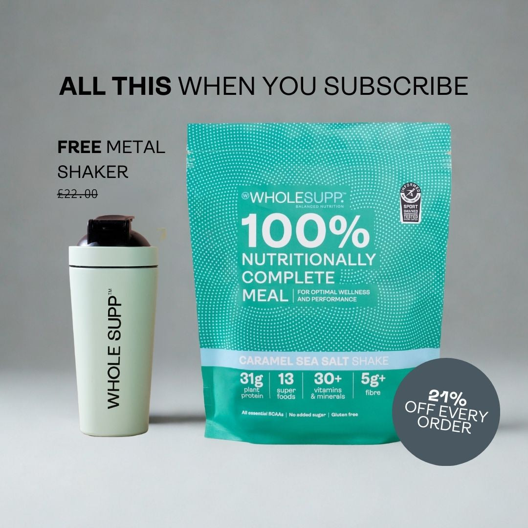 Teal package of Whole Supp 100% Nutritionally Complete Meal with a metal shaker on a gray background